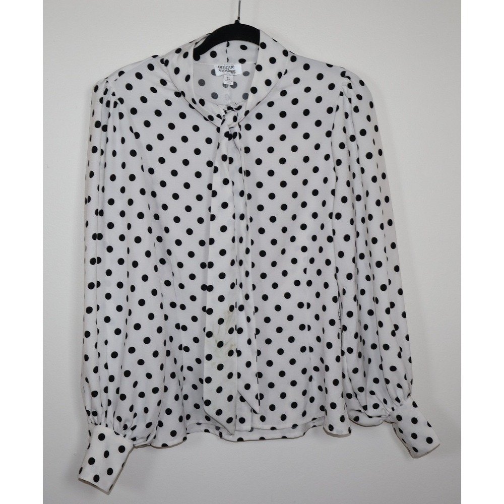 Unique Vintage Blouse Medium 6-8 White Black Polka Dot Bow Retro